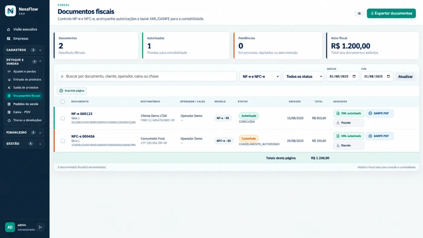 Documentos fiscais do NexaFlow