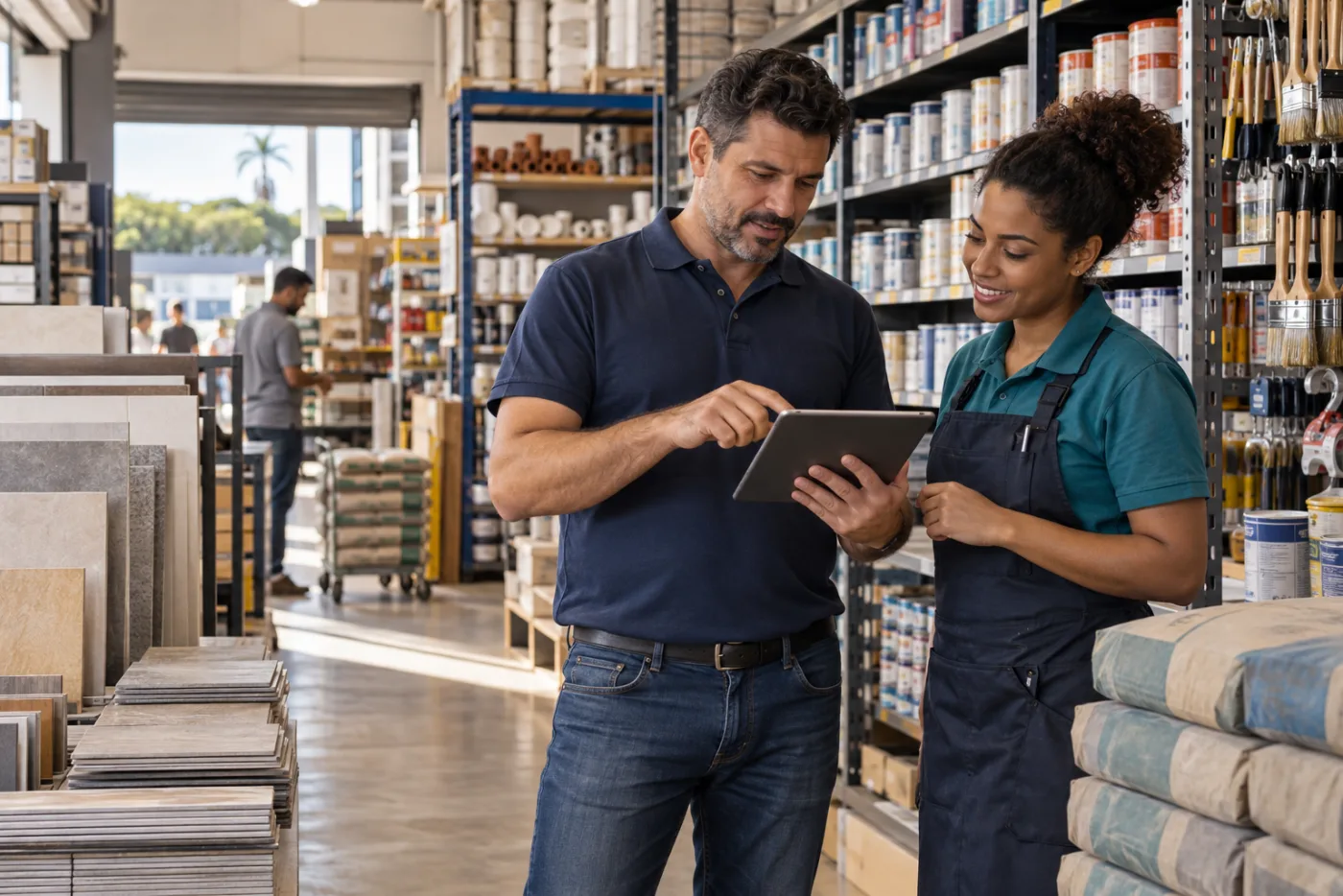 Equipe de uma loja de materiais de construção conferindo estoque em um tablet