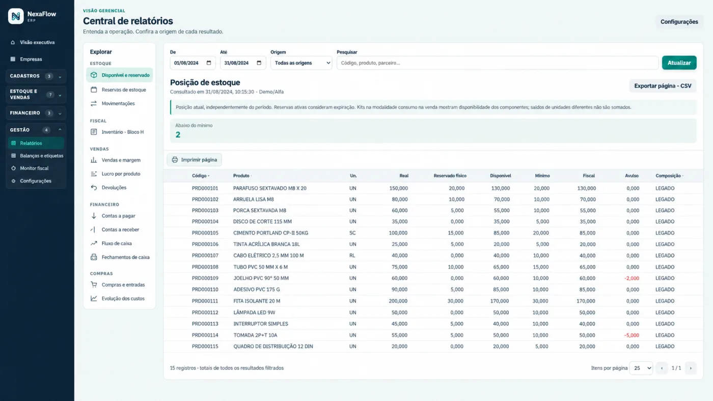 Relatórios gerenciais e financeiros do NexaFlow