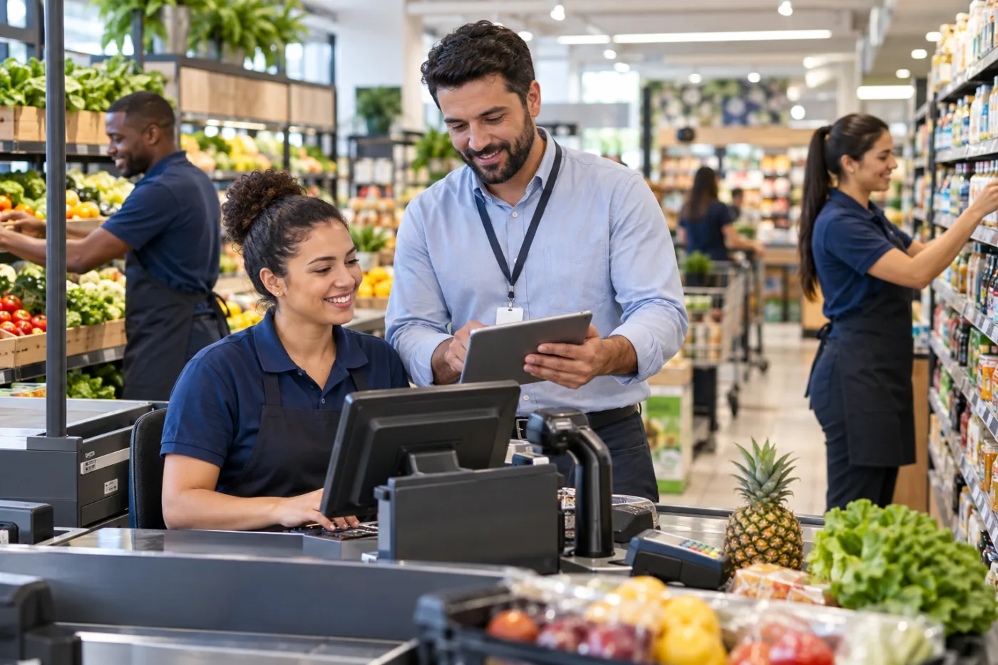 Equipe de supermercado utilizando tecnologia no caixa